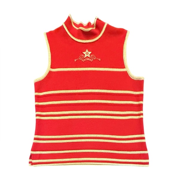 St John Vintage Red/Gold Mock Turtleneck Sleeveless Sweater Size